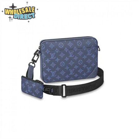 duo messenger bag navy blue monogram shadow cowhide leather - mb01