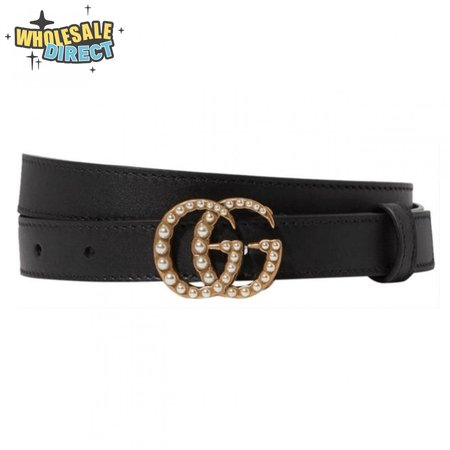 GUCCI BLACK FAUX PEARL-EMBELLISHED LEATHER BELT - B44