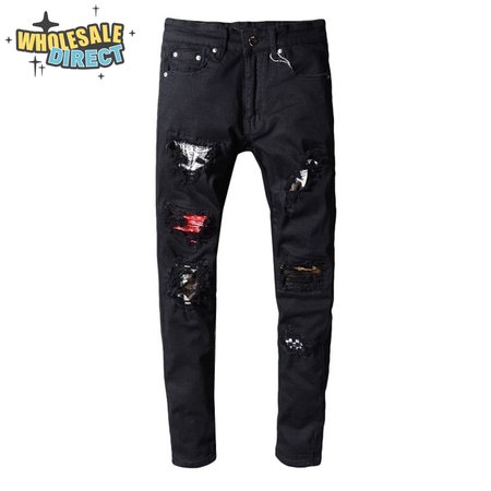 Amiri Bandanna Rip Jeans Black / Red / White