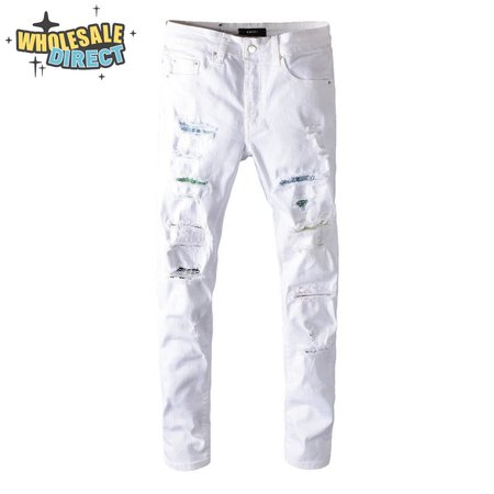 Amiri Rhinestone Rip Jeans White